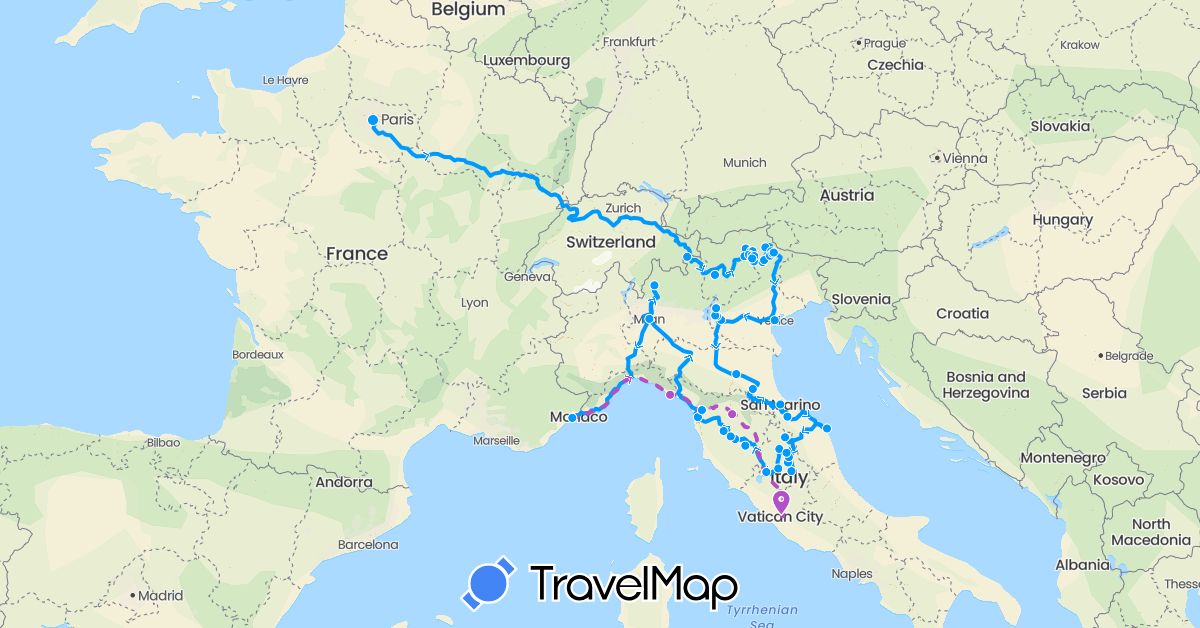 TravelMap itinerary: plane, train, car in France, Italy, San Marino (Europe)